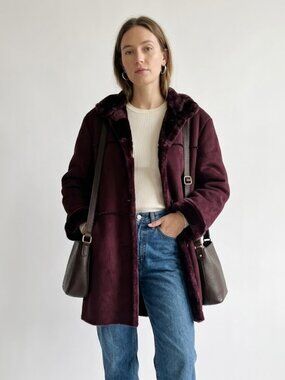 Vintage Jones New York Plum Faux Suede Shearling Coat Faux Fur S